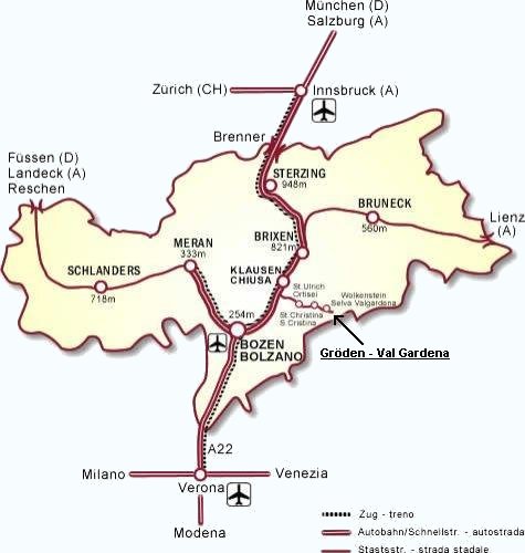 Übersichtskarte von Südtirol mit den Hauptverkehrsverbindungen und der Lage von Gröden